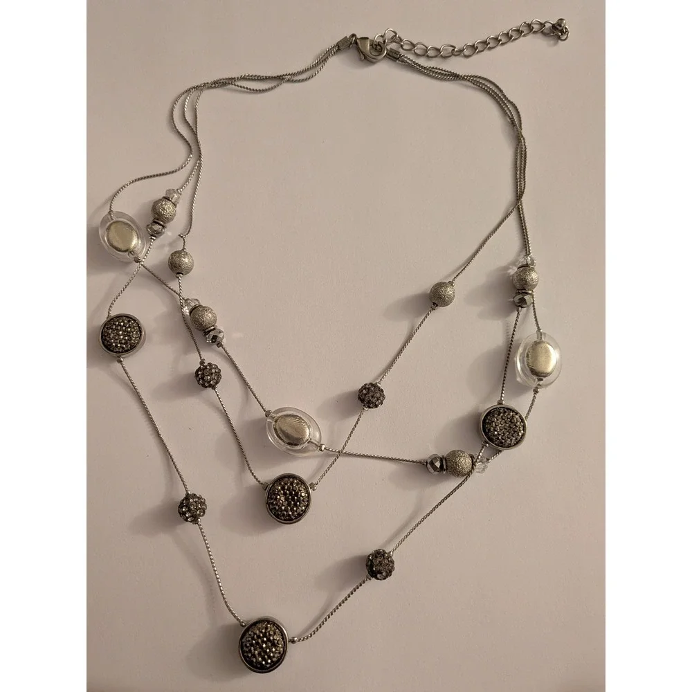 Silver Tone Multi Strand Layered Bead Station Necklace Pave Textured Clear 18in